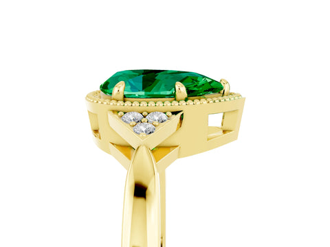Yellow gold Pear Cut Emerald Halo Ring with Tapered Band and Four-Prong Setting_5