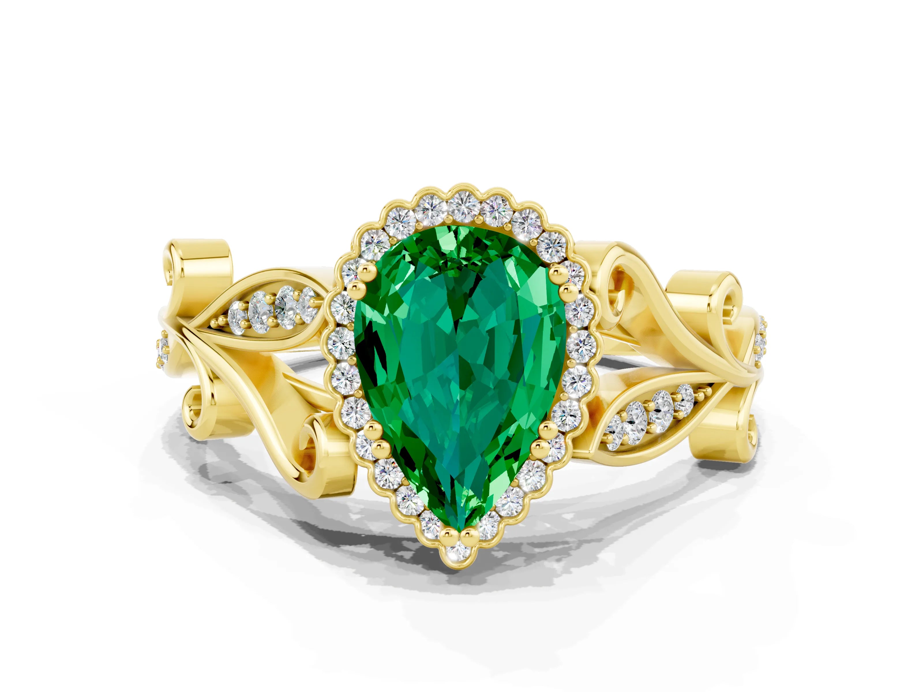 Yellow gold Pear Cut Emerald Halo Ring with Vintage Split Shank and Four-Prong Setting
