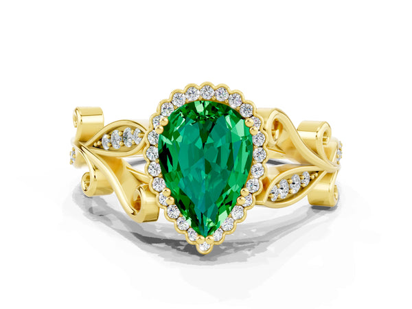 Yellow gold Pear Cut Emerald Halo Ring with Vintage Split Shank and Four-Prong Setting