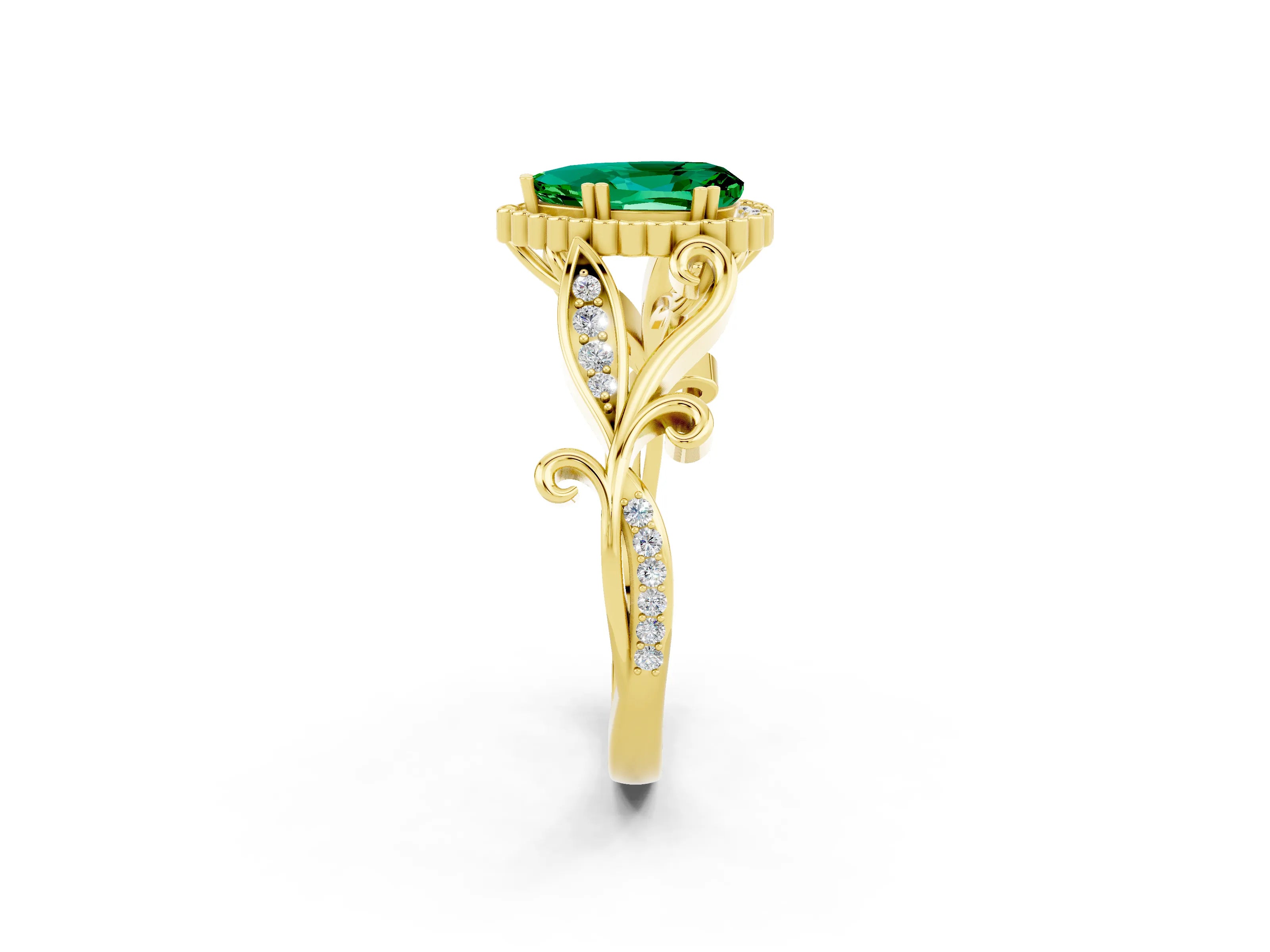 Yellow gold Pear Cut Emerald Halo Ring with Vintage Split Shank and Four-Prong Setting_2