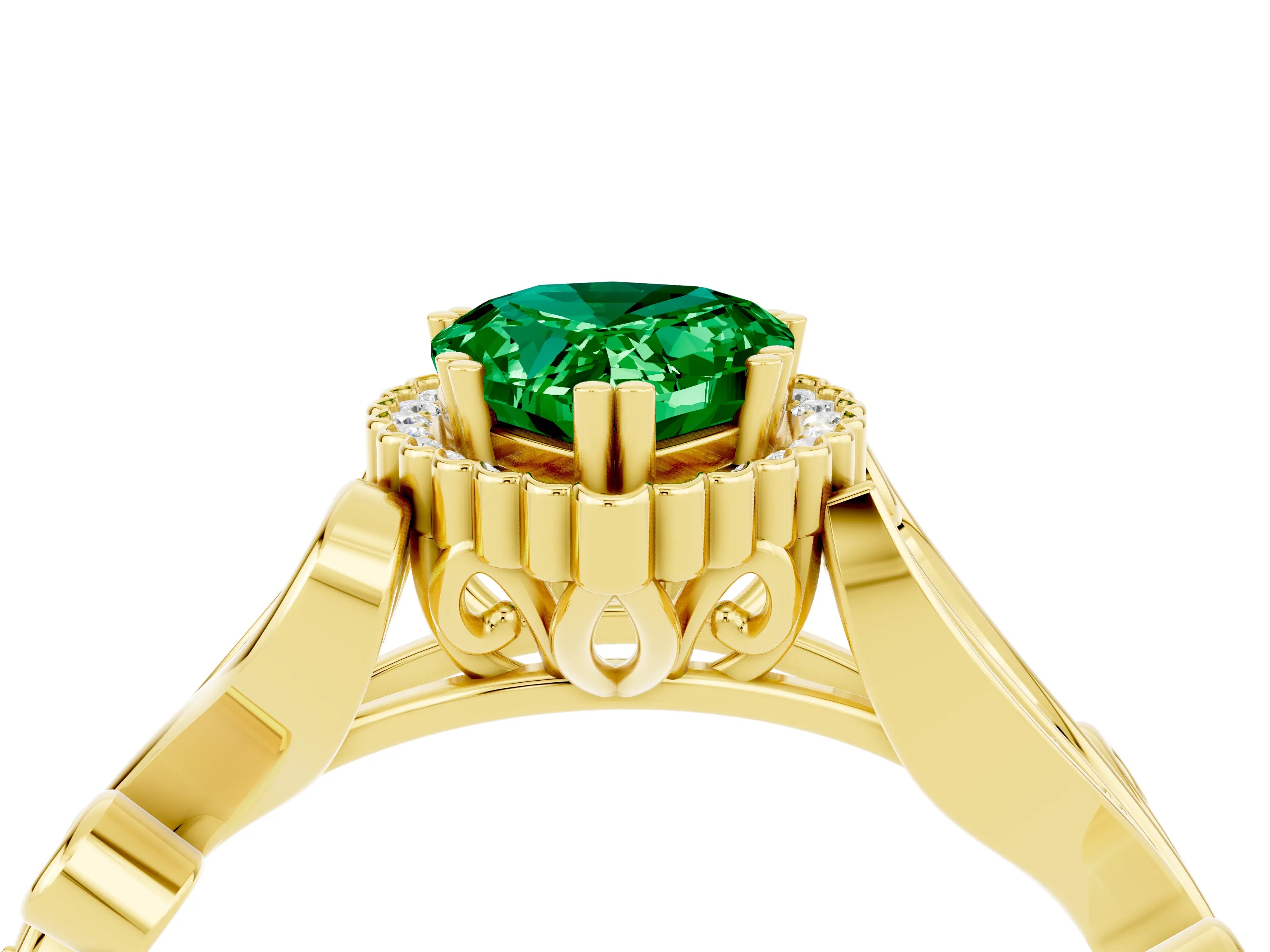 Yellow gold Pear Cut Emerald Halo Ring with Vintage Split Shank and Four-Prong Setting_4