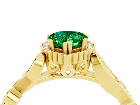Yellow gold Pear Cut Emerald Halo Ring with Vintage Split Shank and Four-Prong Setting_4