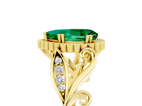 Yellow gold Pear Cut Emerald Halo Ring with Vintage Split Shank and Four-Prong Setting_5