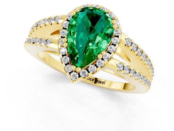 Yellow gold Pear Cut Emerald Halo Split Shank Engagement Ring
