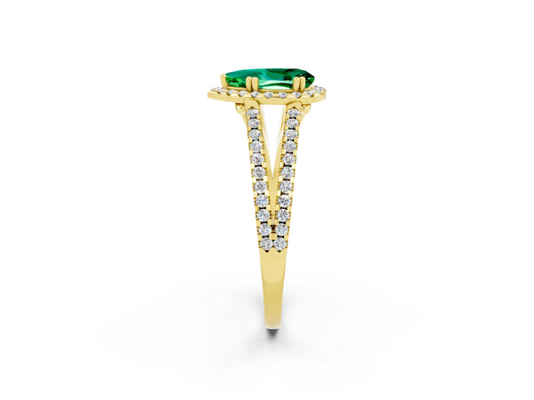Yellow gold Pear Cut Emerald Halo Split Shank Engagement Ring