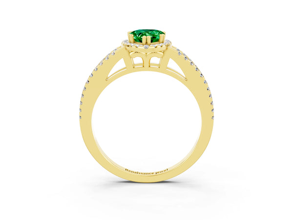Yellow gold Pear Cut Emerald Halo Split Shank Engagement Ring