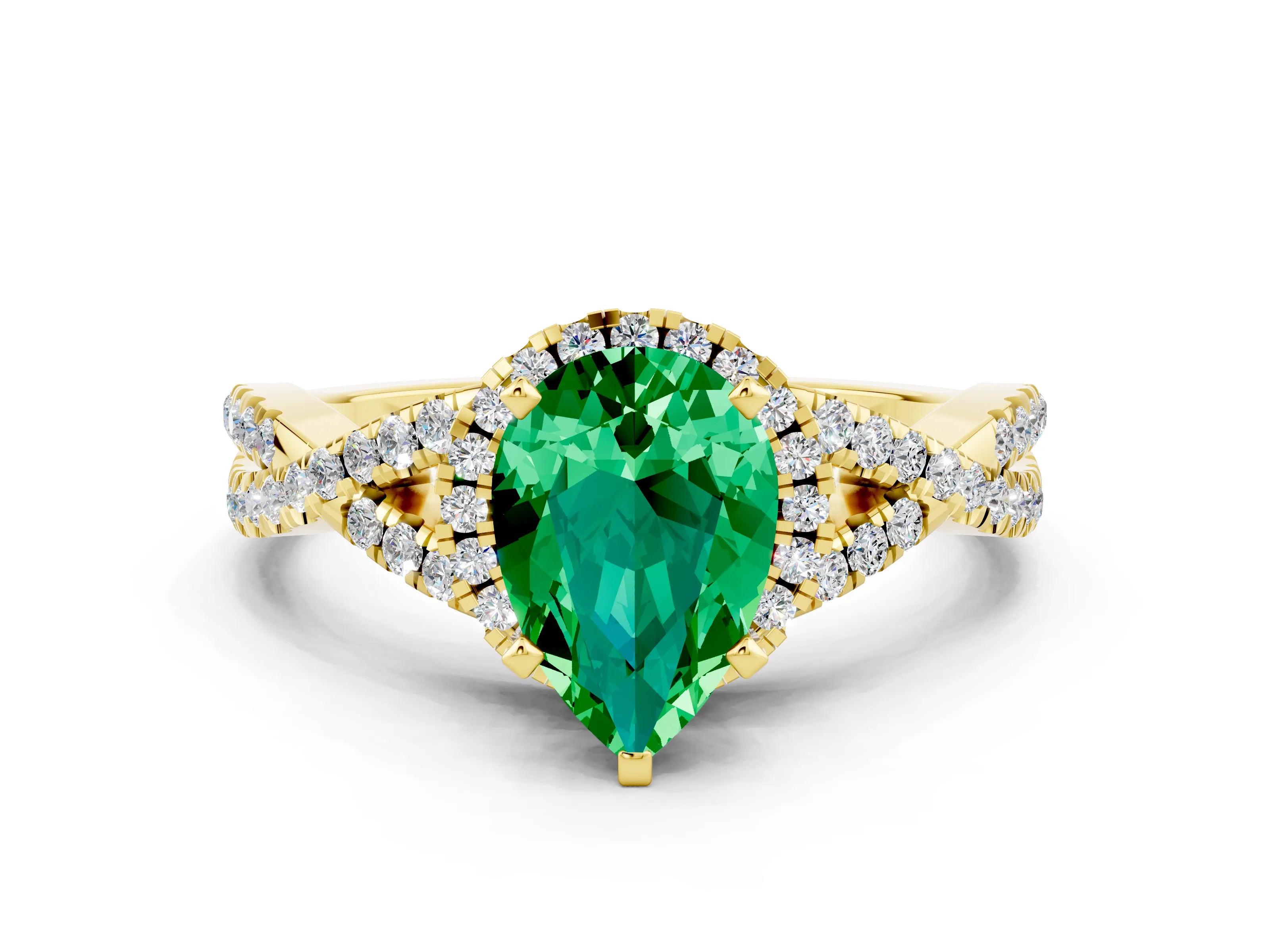 Yellow gold Pear Cut Emerald Halo Twist Band Solitaire Prong Setting Ring