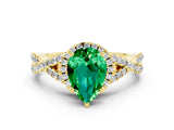 Yellow gold Pear Cut Emerald Halo Twist Band Solitaire Prong Setting Ring