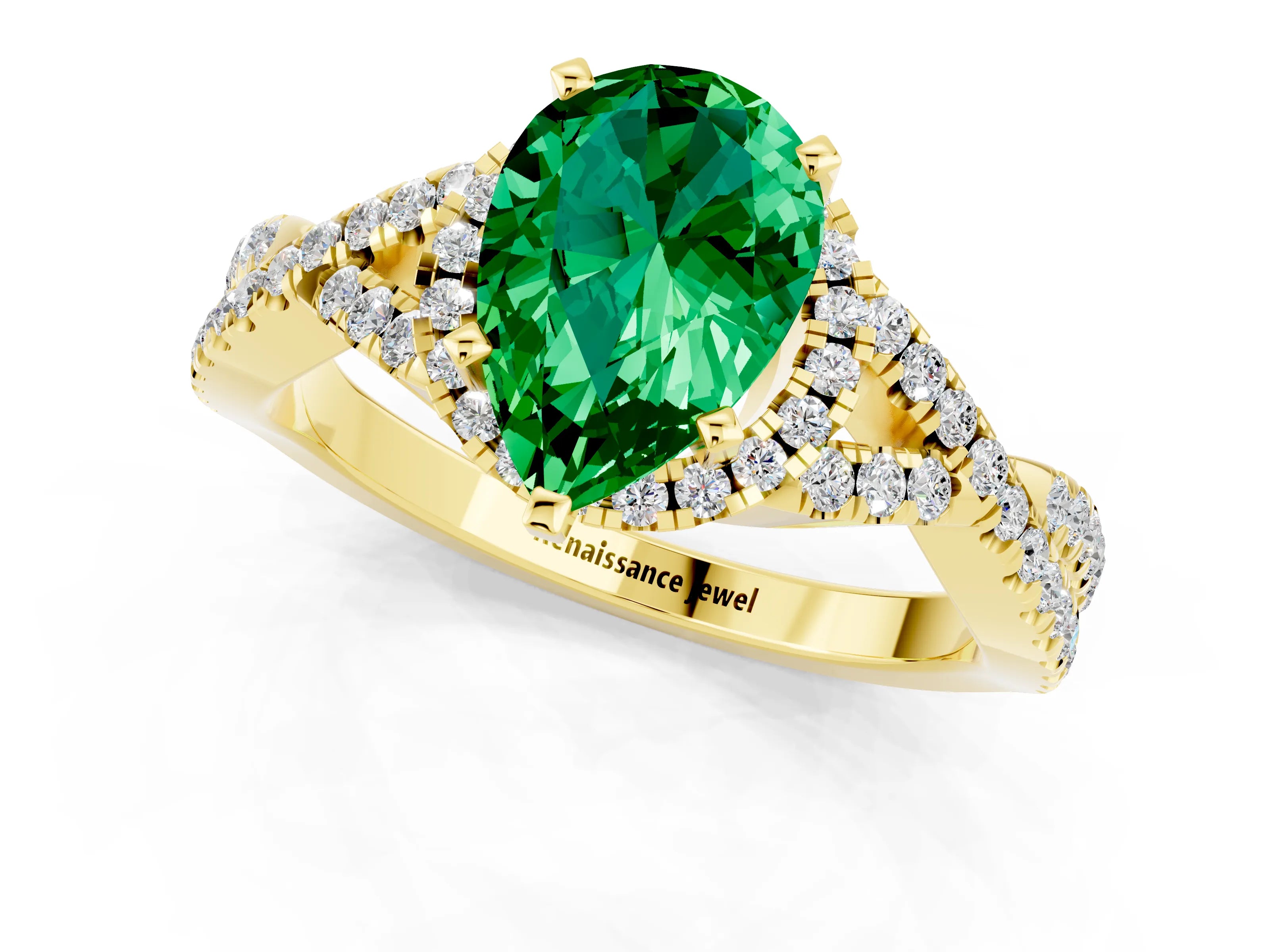 Yellow gold Pear Cut Emerald Halo Twist Band Solitaire Prong Setting Ring_1