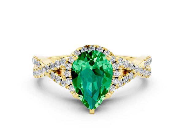Yellow gold Pear Cut Emerald  Halo Twist Band Solitaire Prong Setting Ring