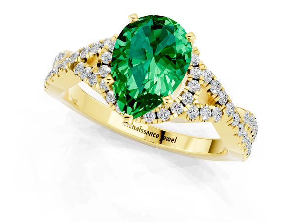 Yellow gold Pear Cut Emerald  Halo Twist Band Solitaire Prong Setting Ring