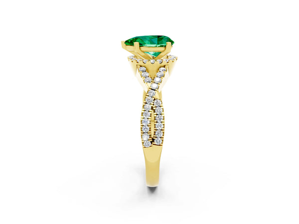 Yellow gold Pear Cut Emerald  Halo Twist Band Solitaire Prong Setting Ring