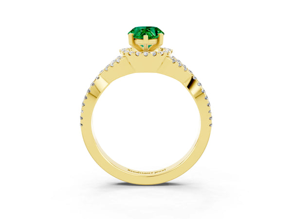 Yellow gold Pear Cut Emerald  Halo Twist Band Solitaire Prong Setting Ring