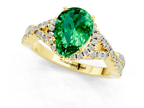 Yellow gold Pear Cut Emerald Halo Twist Band Solitaire Prong Setting Ring_1