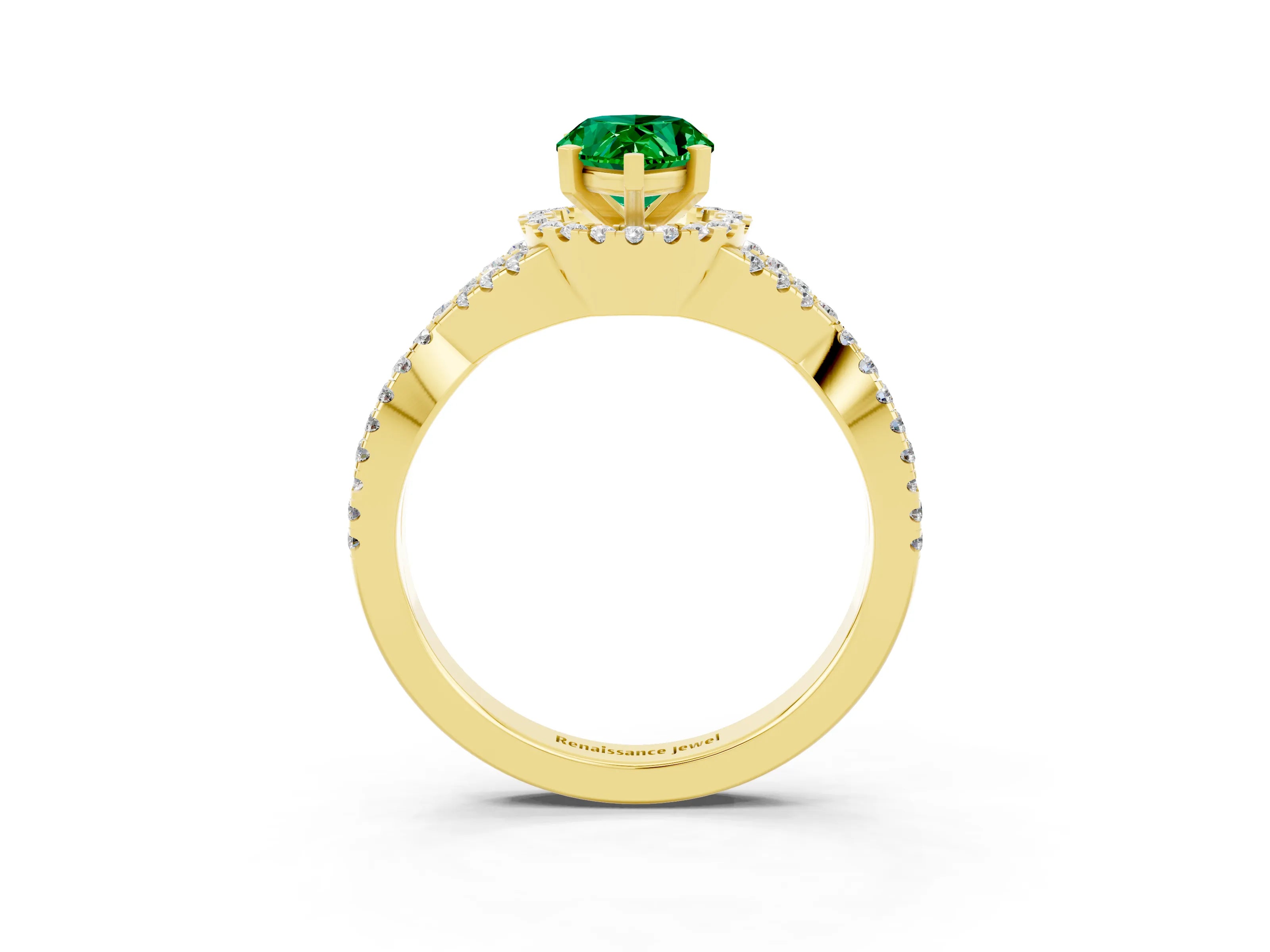 Yellow gold Pear Cut Emerald Halo Twist Band Solitaire Prong Setting Ring_3
