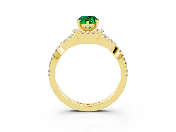 Yellow gold Pear Cut Emerald  Halo Twist Band Solitaire Prong Setting Ring