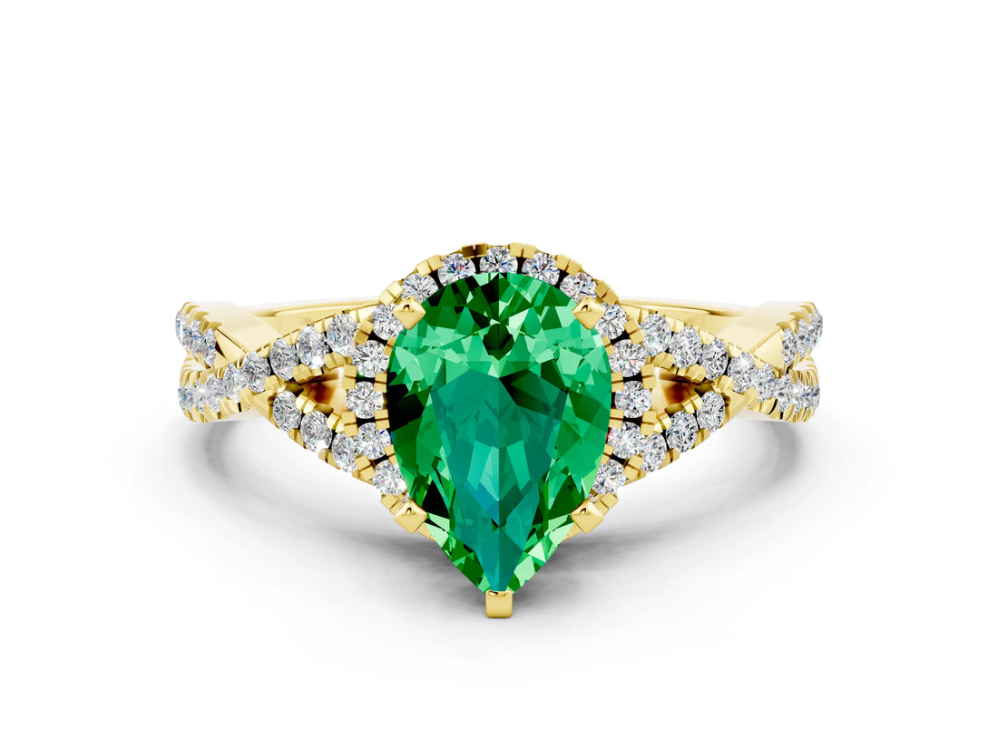 Yellow gold Pear Cut Emerald  Halo Twist Band Solitaire Prong Setting Ring_36