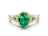 Yellow gold Pear Cut Emerald  Halo Twist Band Solitaire Prong Setting Ring_36