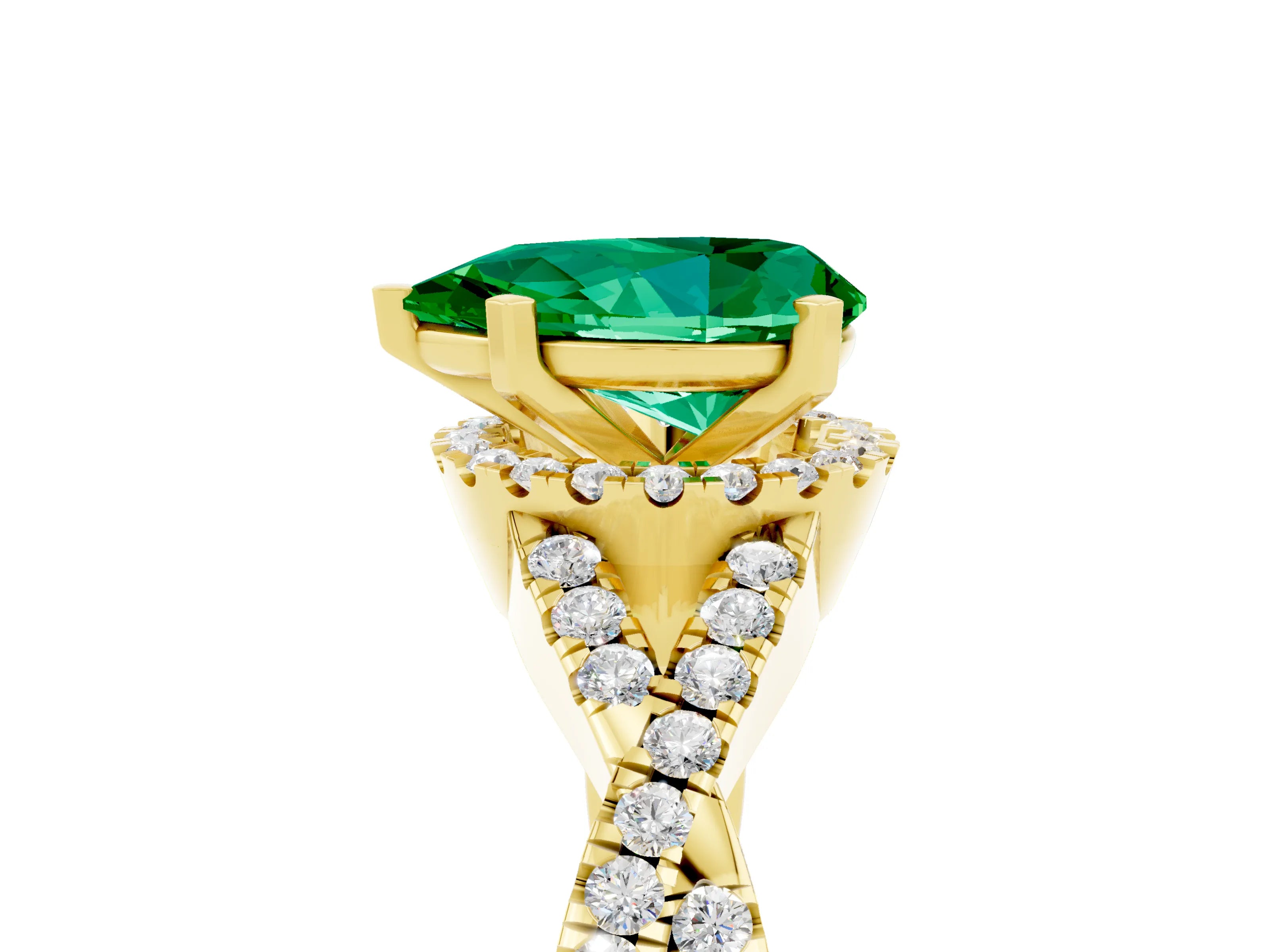 Yellow gold Pear Cut Emerald Halo Twist Band Solitaire Prong Setting Ring_5