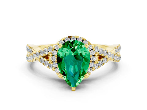 Yellow gold Pear Cut Emerald Halo Twist Band Solitaire Prong Setting Ring