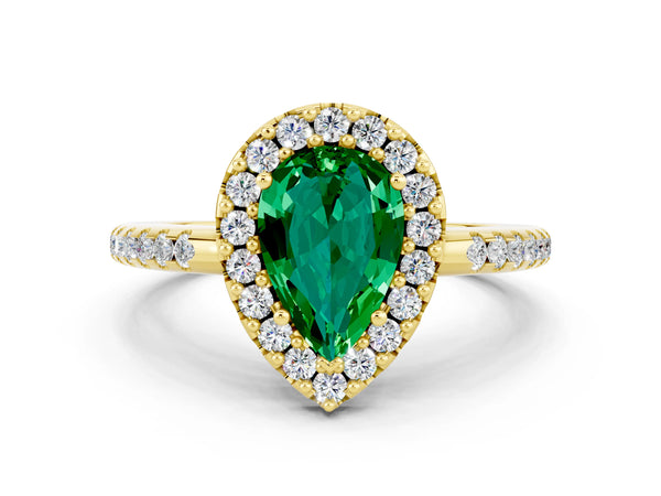 Yellow gold Pear Cut Emerald Pavé Halo Ring with Four-Prong Setting