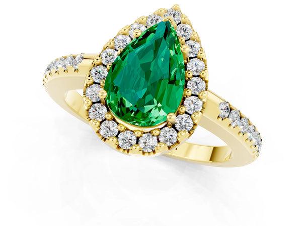 Yellow gold Pear Cut Emerald Pavé Halo Ring with Four-Prong Setting