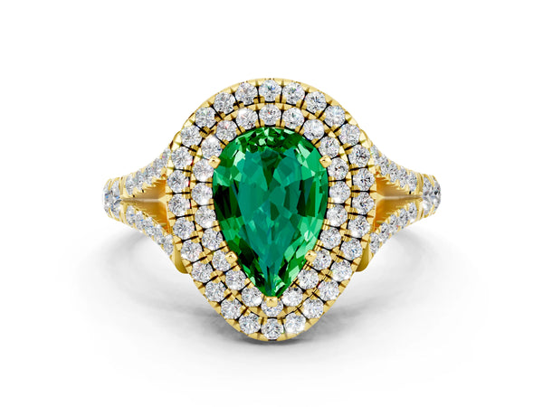 Yellow gold Pear Cut Emerald Pavé Split Shank Double Halo Engagement Ring