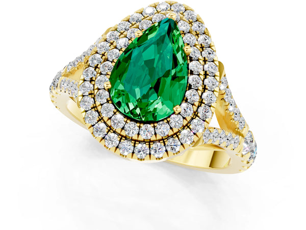 Yellow gold Pear Cut Emerald Pavé Split Shank Double Halo Engagement Ring