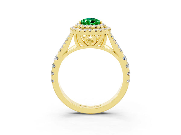 Yellow gold Pear Cut Emerald Pavé Split Shank Double Halo Engagement Ring