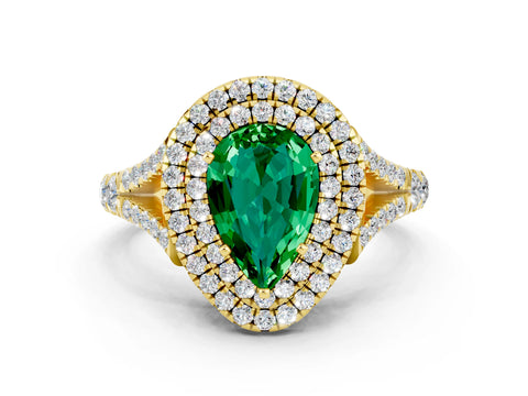 Yellow gold Pear Cut Emerald Pavé Split Shank Double Halo Engagement Ring