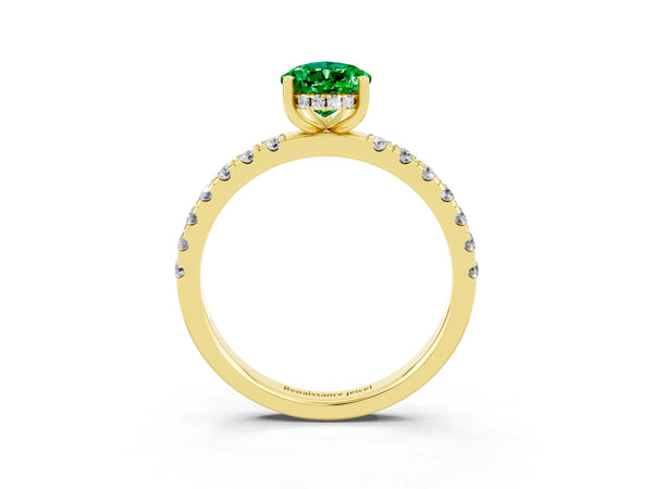 Yellow gold Pear Cut Emerald Pave Band Solitaire Ring with Round  and Prong Setting