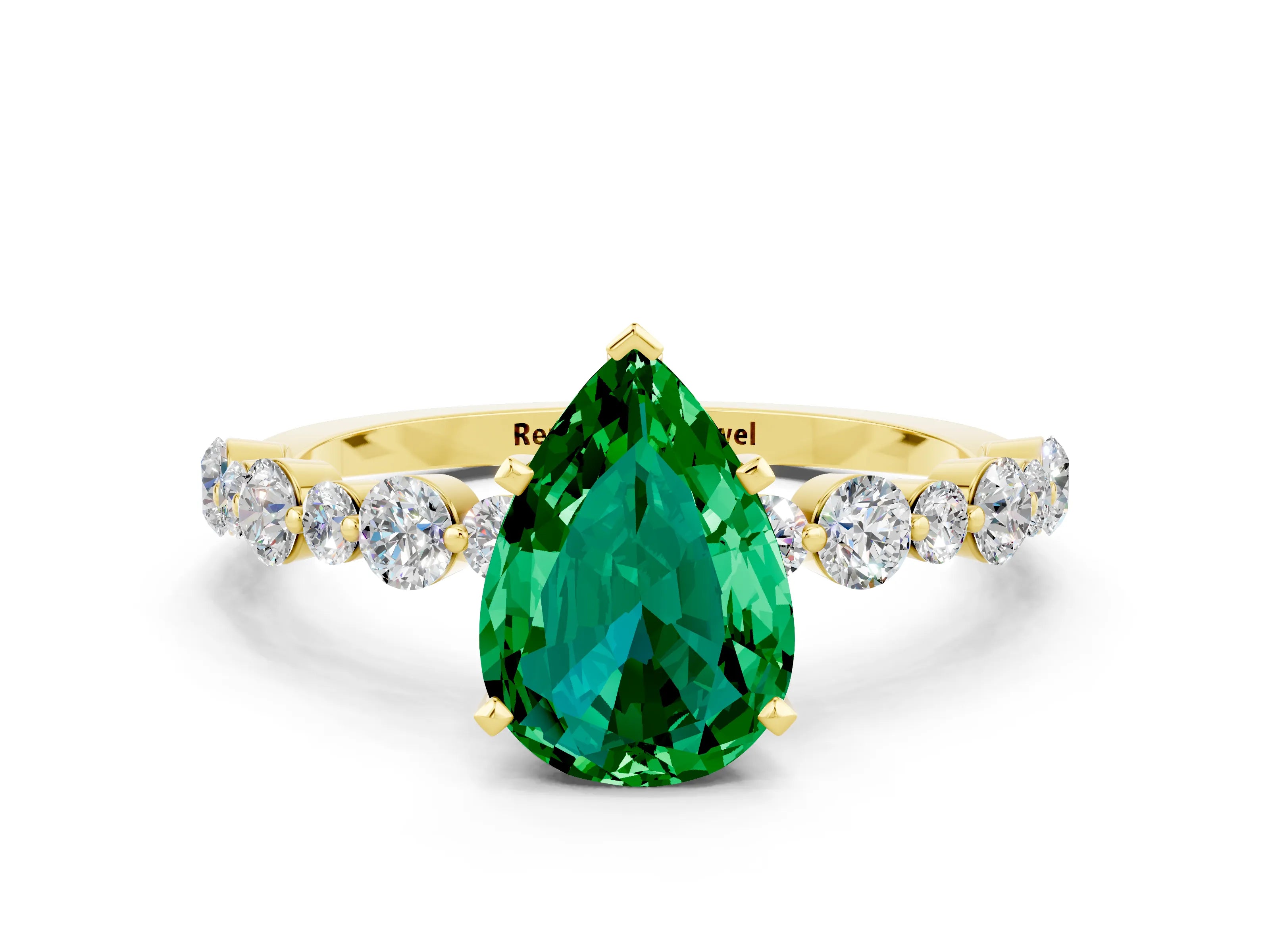 Yellow gold Pear Cut Emerald Prong Set Engagement Ring with Pavé Band