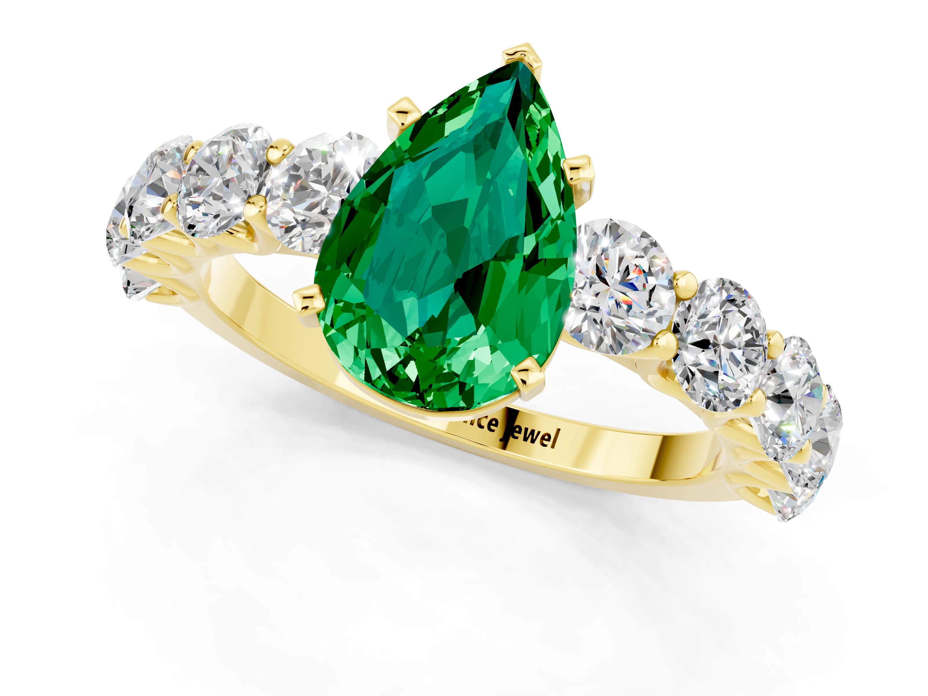 Yellow gold Pear Cut Emerald Prong Setting with Side Stones on a Pave Band_1