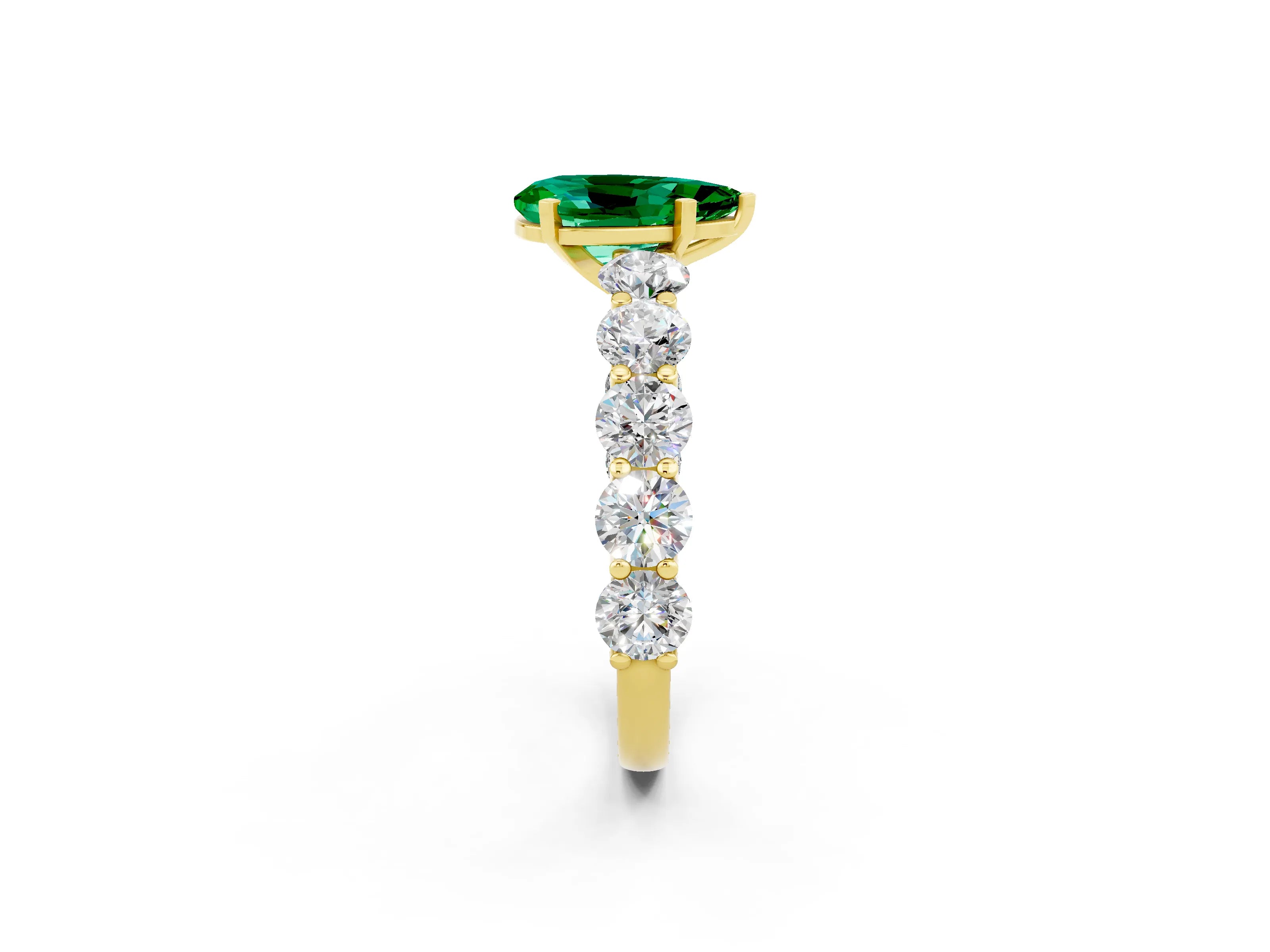 Yellow gold Pear Cut Emerald Prong Setting with Side Stones on a Pave Band_2