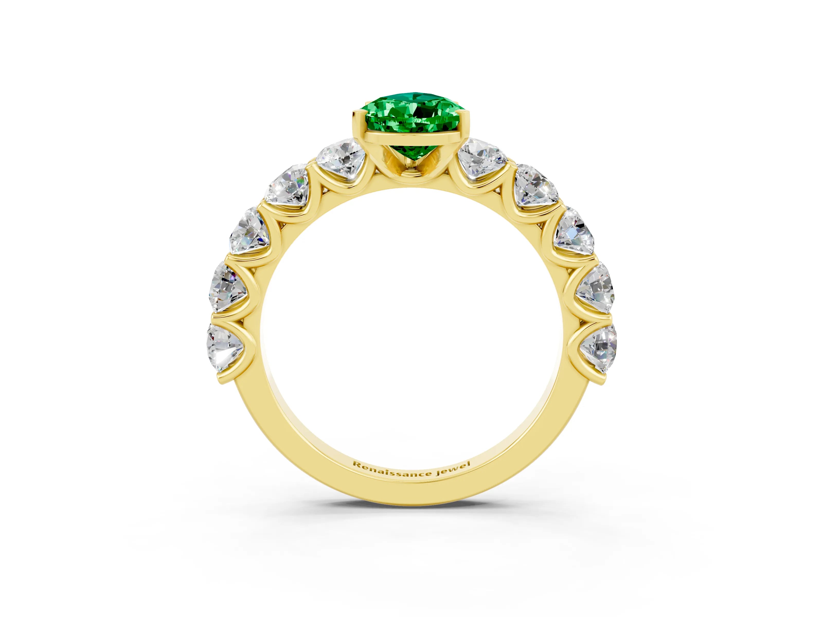 Yellow gold Pear Cut Emerald Prong Setting with Side Stones on a Pave Band_3