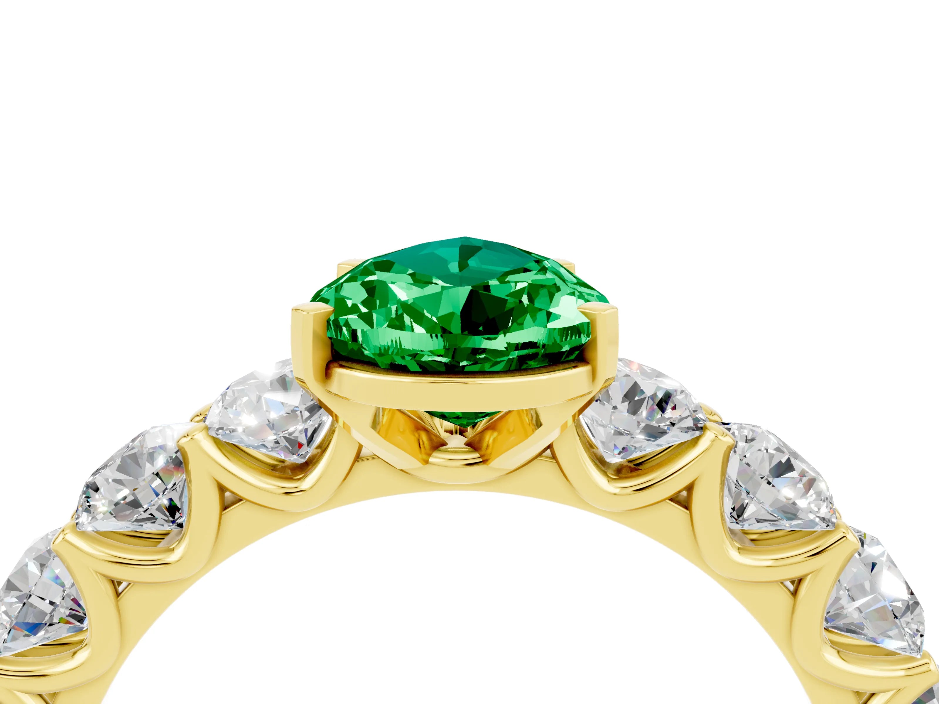 Yellow gold Pear Cut Emerald Prong Setting with Side Stones on a Pave Band_4