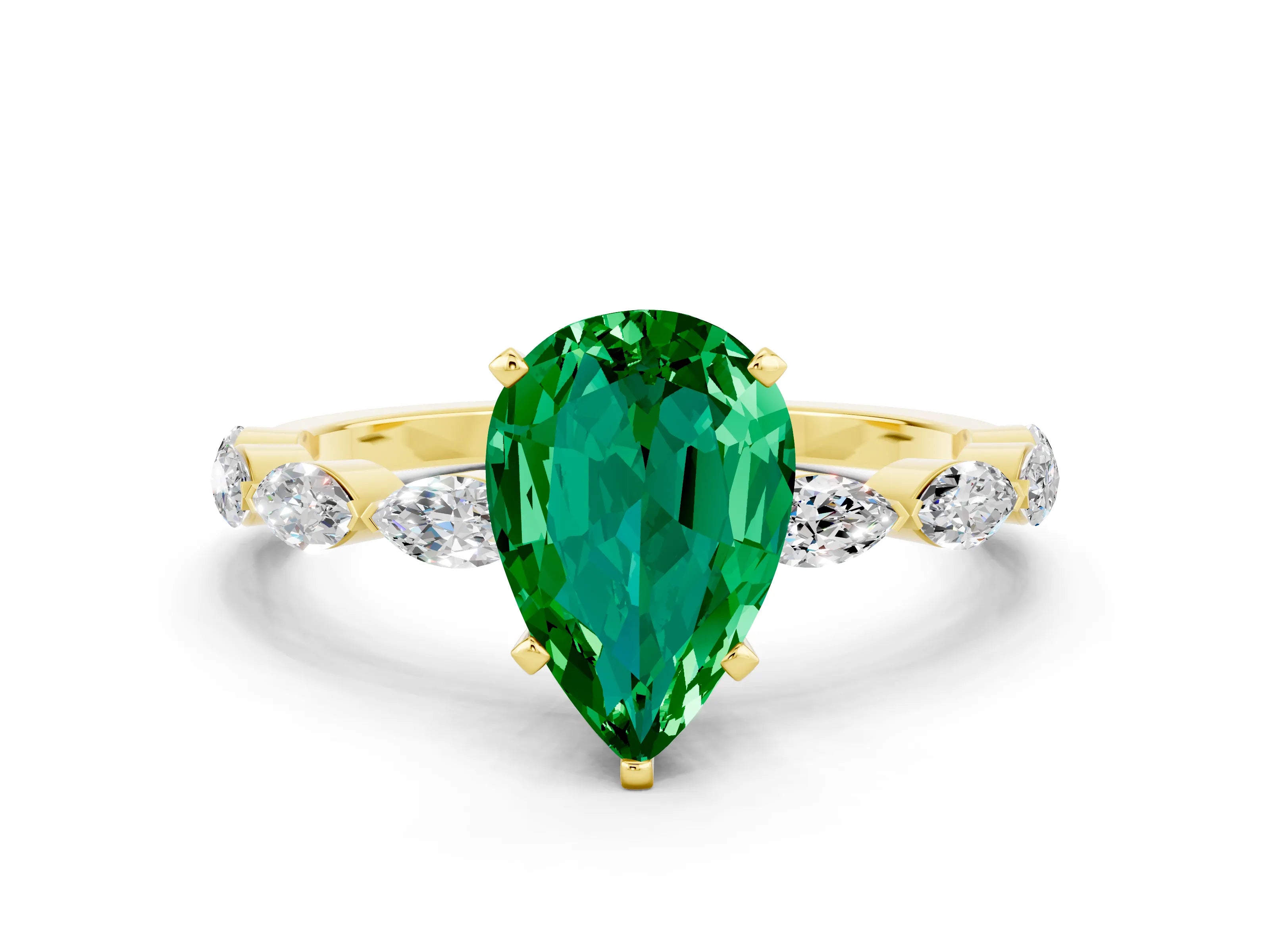 Yellow gold Pear Cut Emerald Ring with Marquise Side Stones and Prong Setting