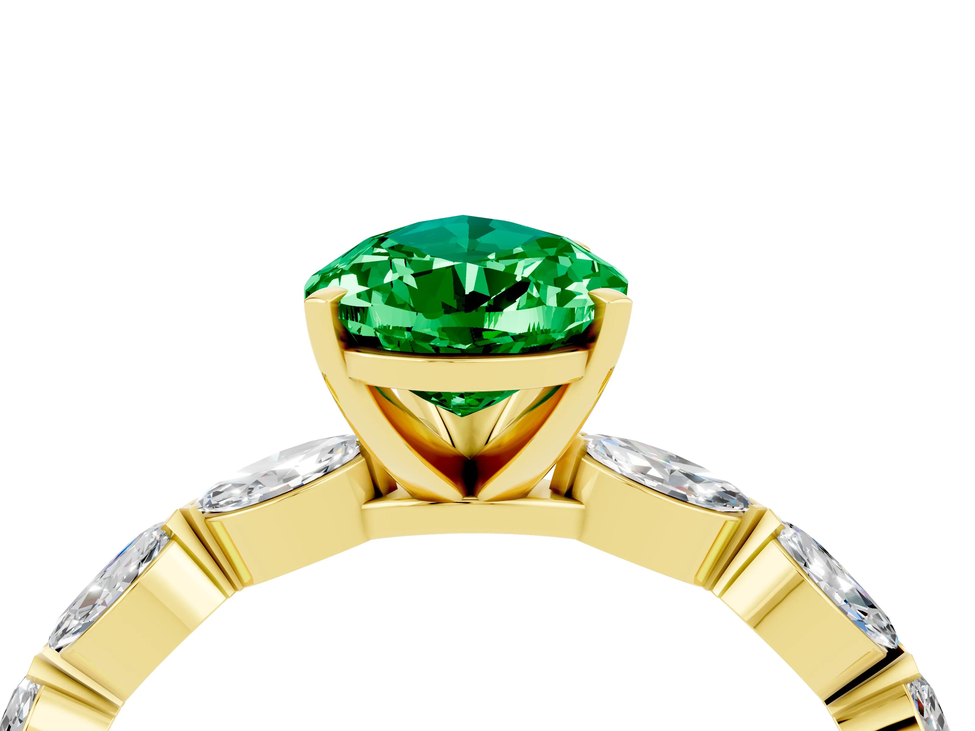 Yellow gold Pear Cut Emerald Ring with Marquise Side Stones and Prong Setting_4