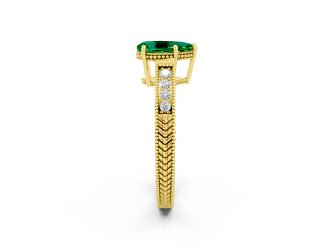 Yellow gold Pear Cut Emerald Ring with Milgrain Pavé Band and Four-Prong Setting_14