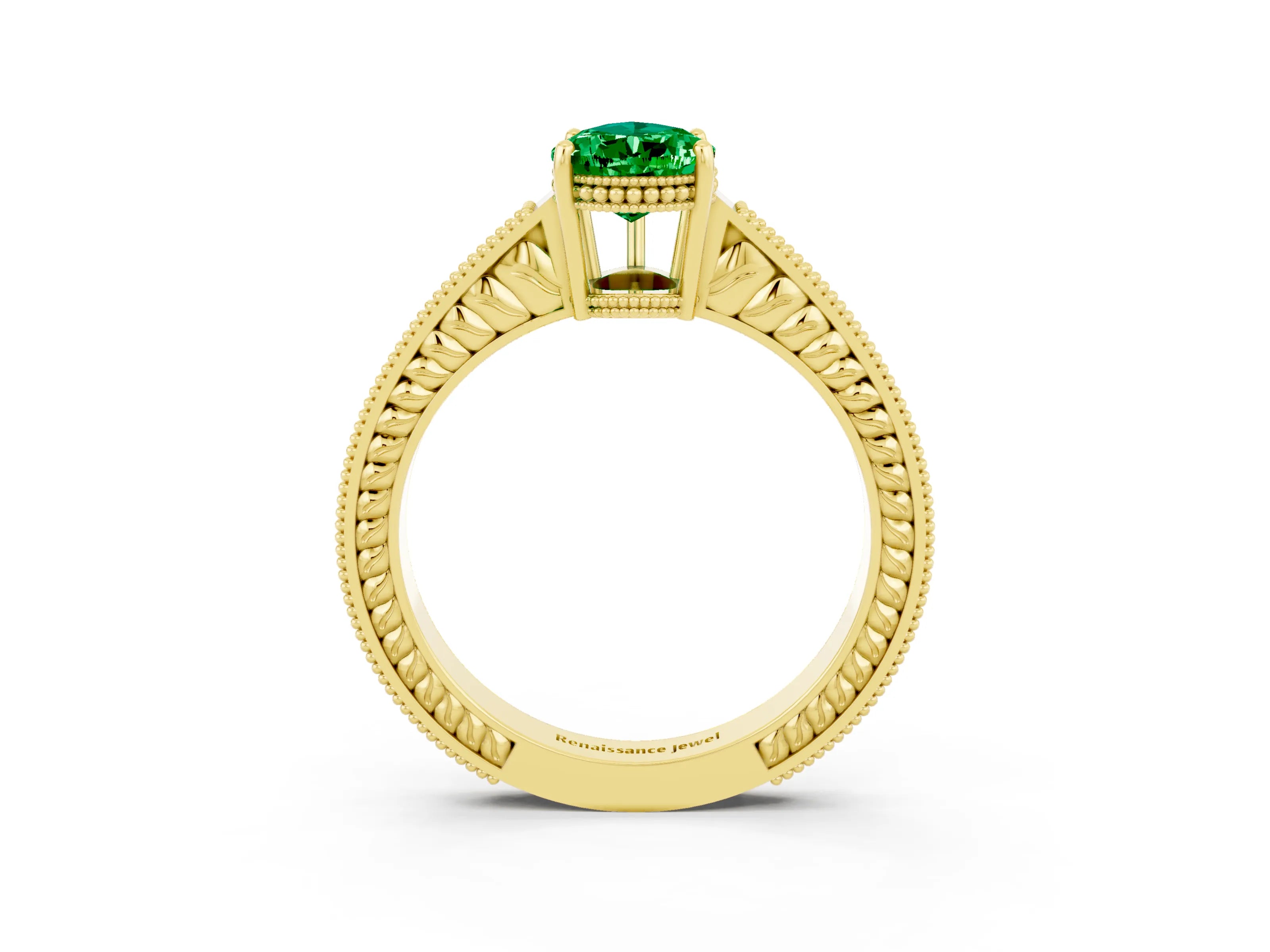 Yellow gold Pear Cut Emerald Ring with Milgrain Pavé Band and Four-Prong Setting_15