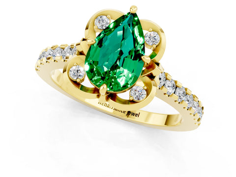 Yellow gold Pear Cut Emerald Ring with Pavé Band and Floral Prong Setting_1