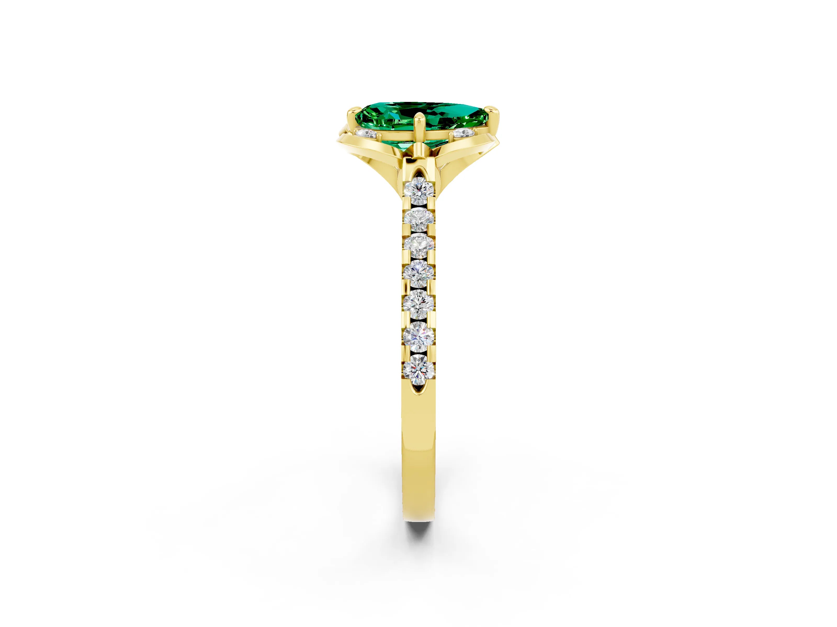 Yellow gold Pear Cut Emerald Ring with Pavé Band and Floral Prong Setting_2