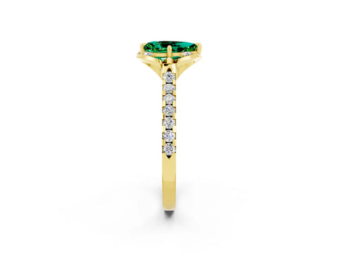 Yellow gold Pear Cut Emerald Ring with Pavé Band and Floral Prong Setting_2