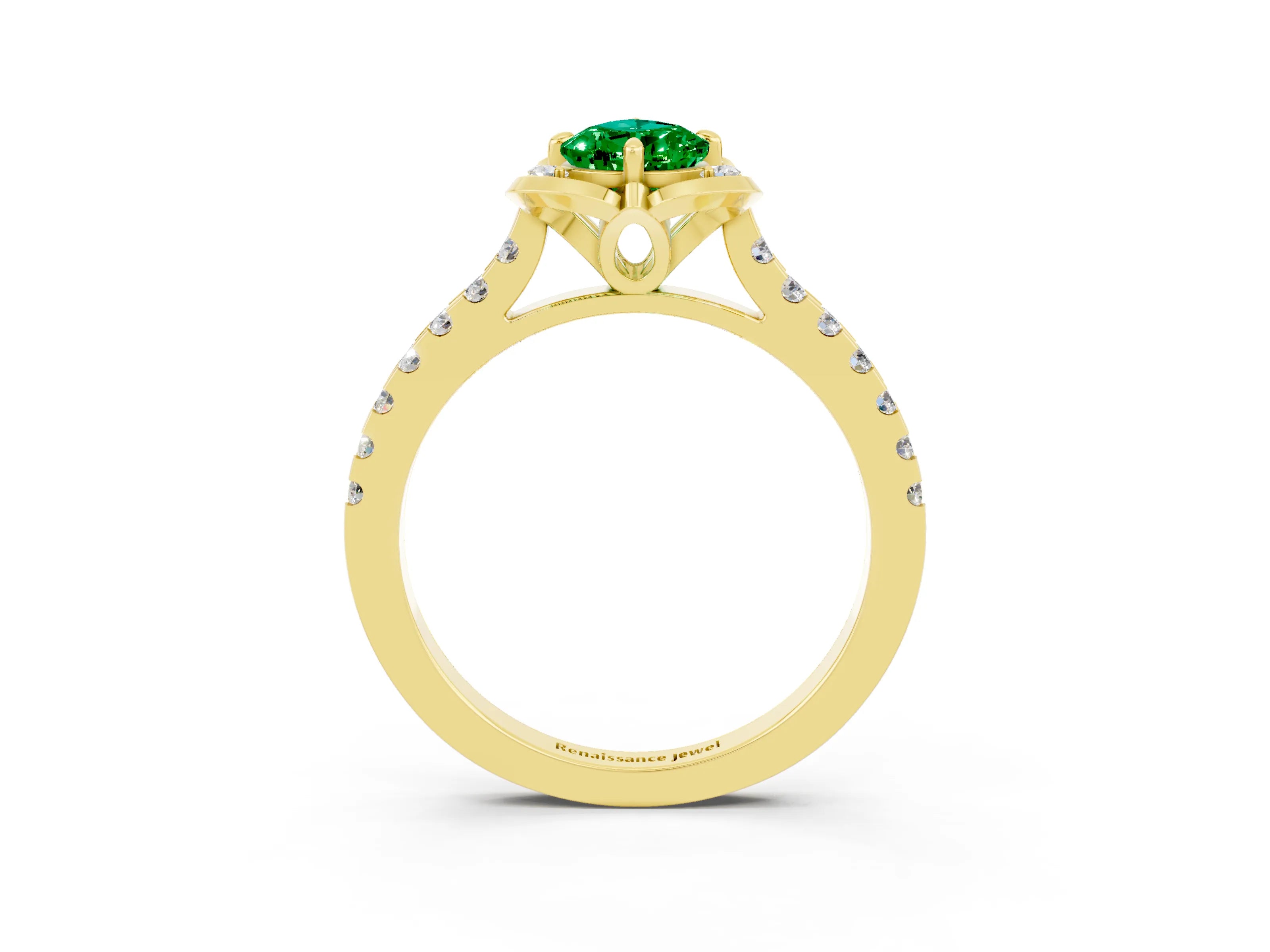 Yellow gold Pear Cut Emerald Ring with Pavé Band and Floral Prong Setting_3