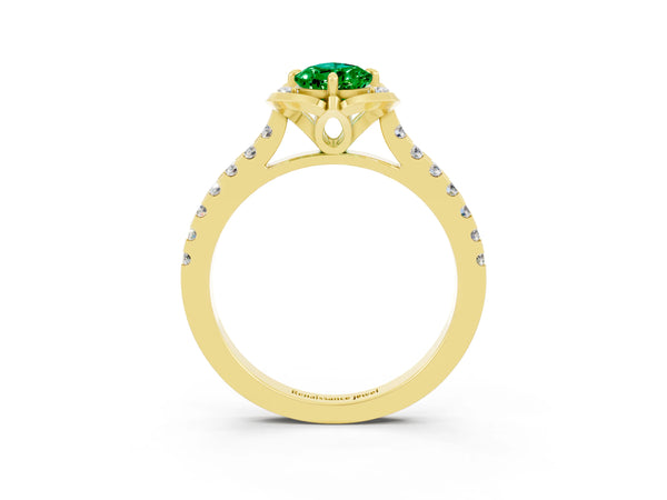 Yellow gold Pear Cut Emerald Ring with Pavé Band and Floral Prong Setting