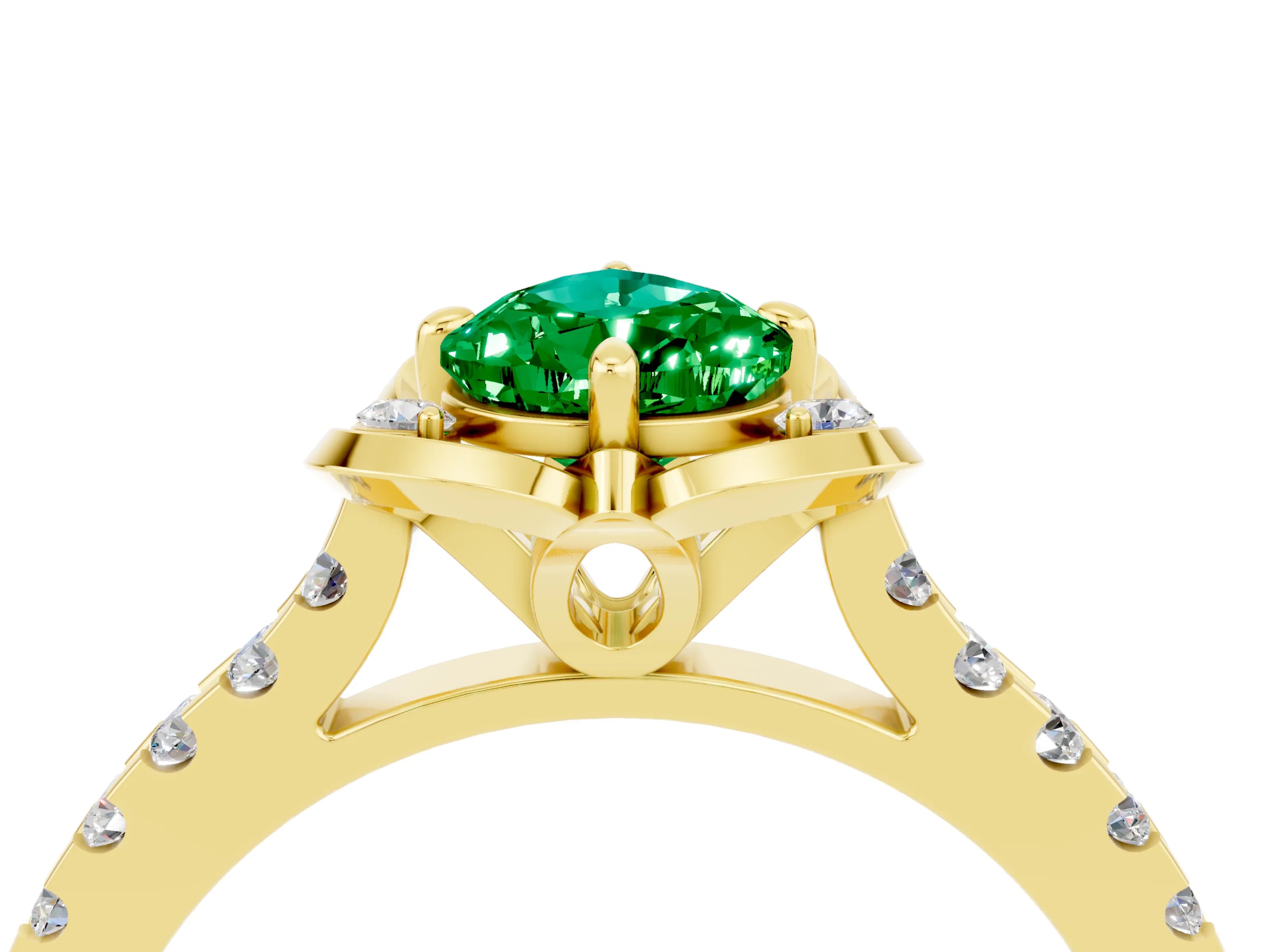 Yellow gold Pear Cut Emerald Ring with Pavé Band and Floral Prong Setting_4