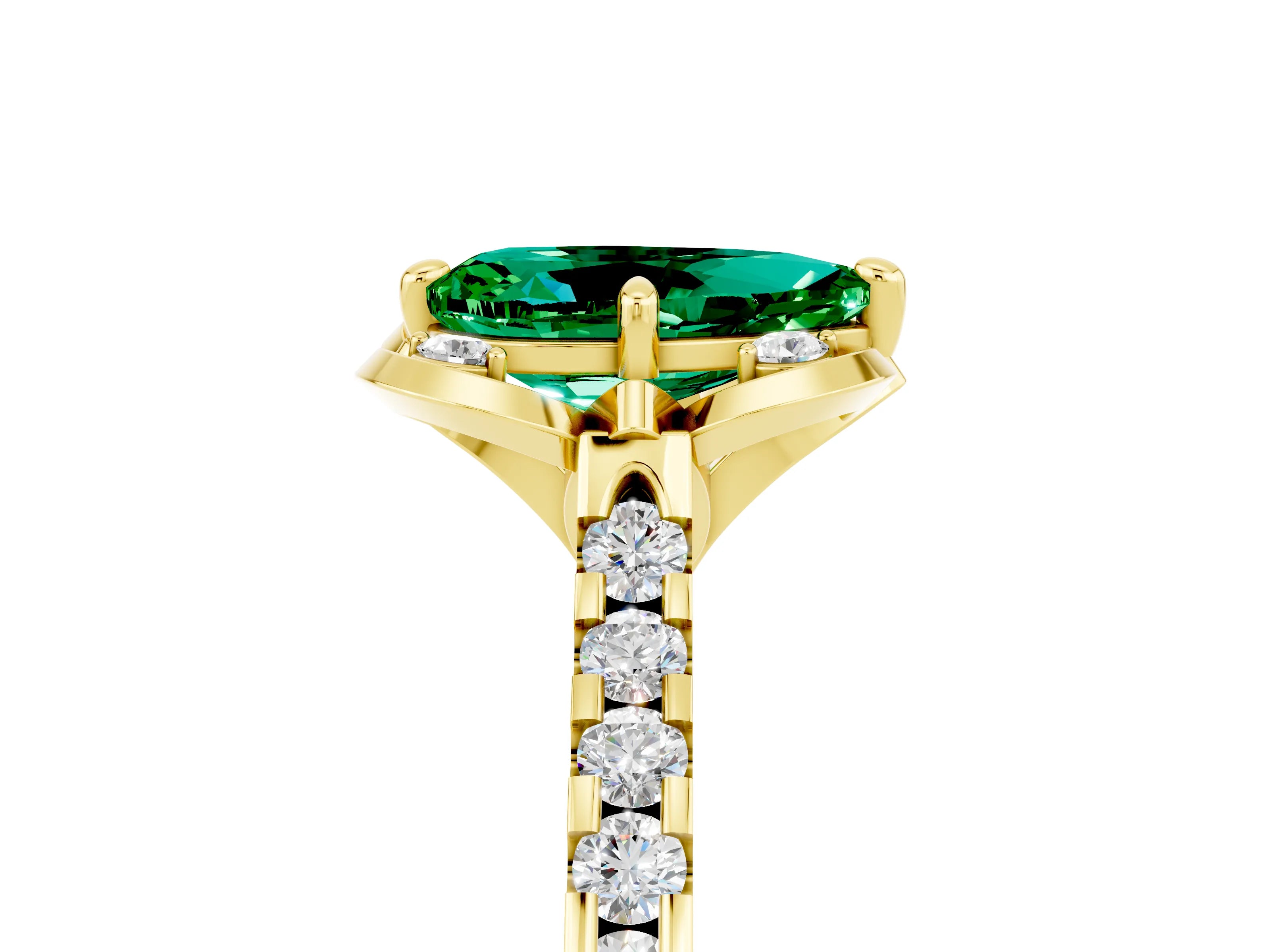 Yellow gold Pear Cut Emerald Ring with Pavé Band and Floral Prong Setting_5