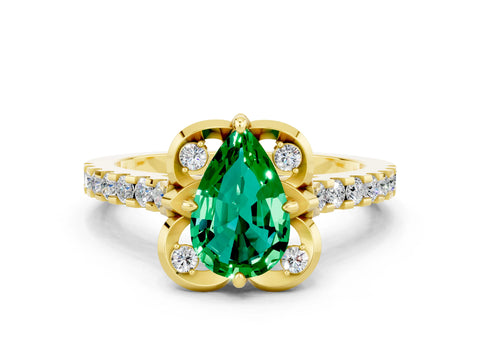 Yellow gold Pear Cut Emerald Ring with Pavé Band and Floral Prong Setting