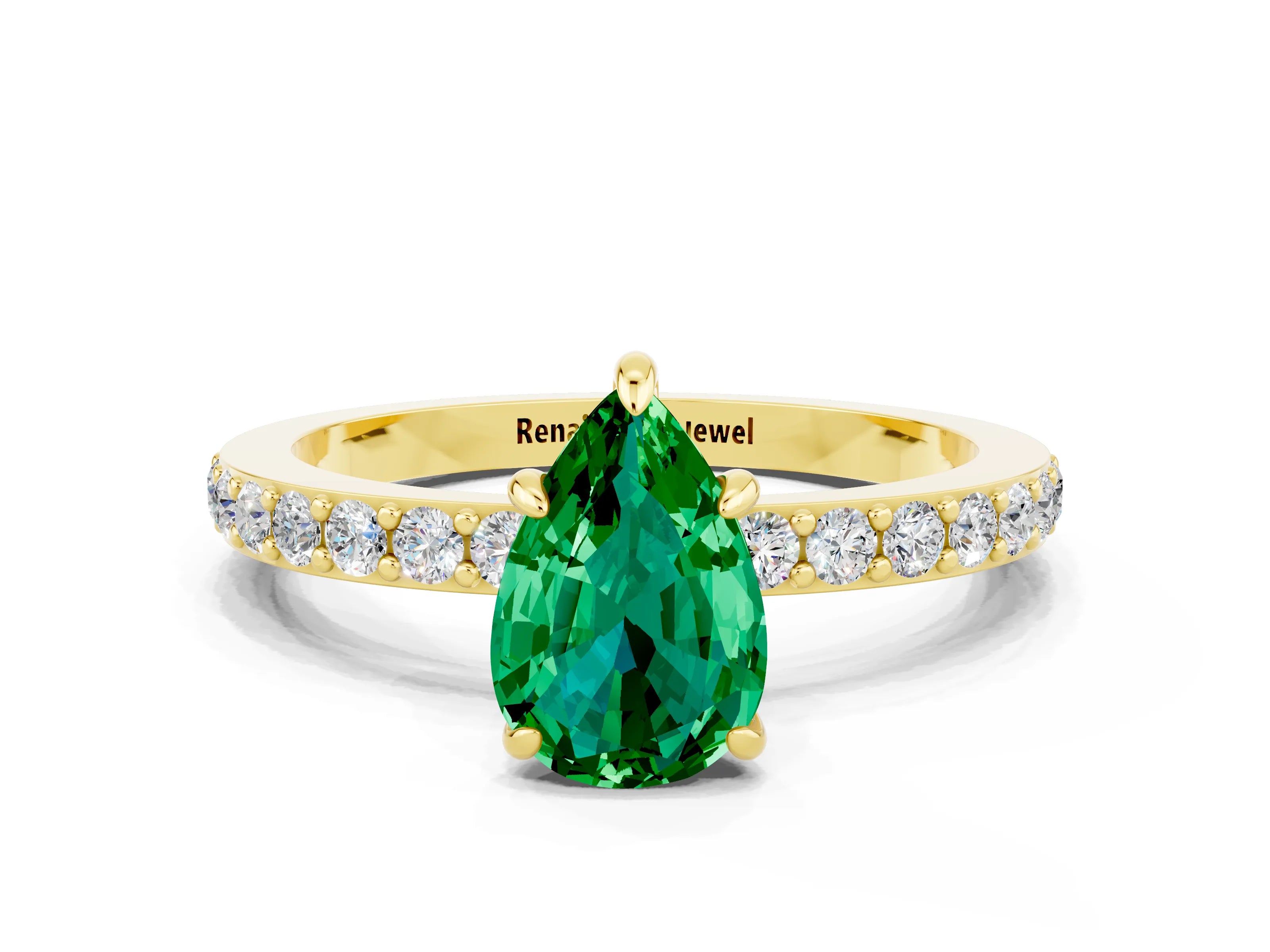 Yellow gold Pear Cut Emerald Ring with Pavé Band and Four-Prong Setting