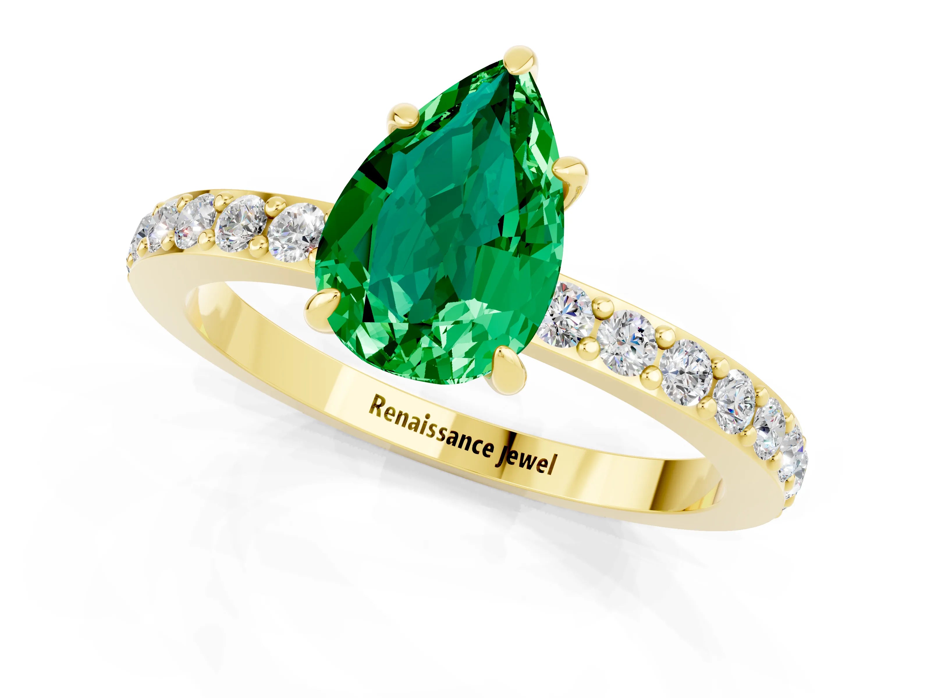 Yellow gold Pear Cut Emerald Ring with Pavé Band and Four-Prong Setting_1